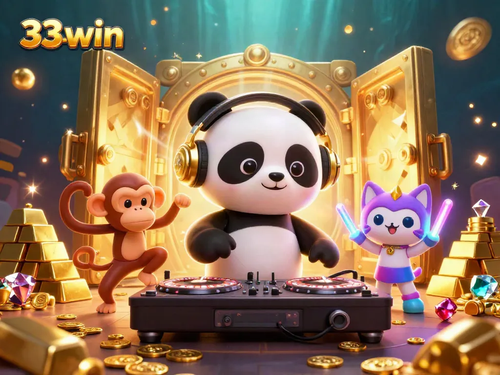 Engage in thrilling gameplay at 33-win with a lively DJ panda, dancing monkey, and rave kitten amidst casino treasures.
