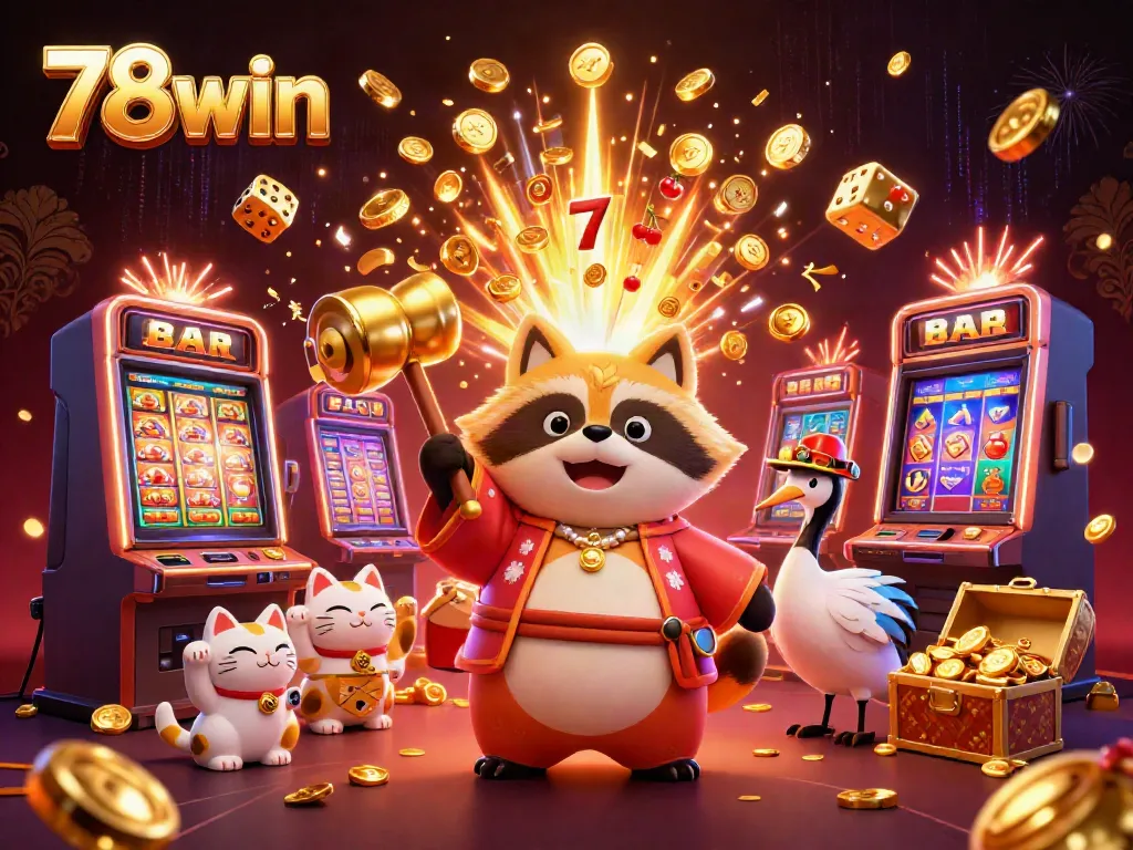 Engage in thrilling gaming with 78win's vibrant 3D illustration showcasing exciting casino elements and cheerful characters.