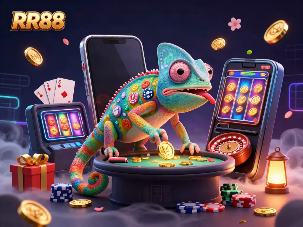 RR88 chameleon casino owner captures golden coins amidst vibrant slots and a roulette wheel.