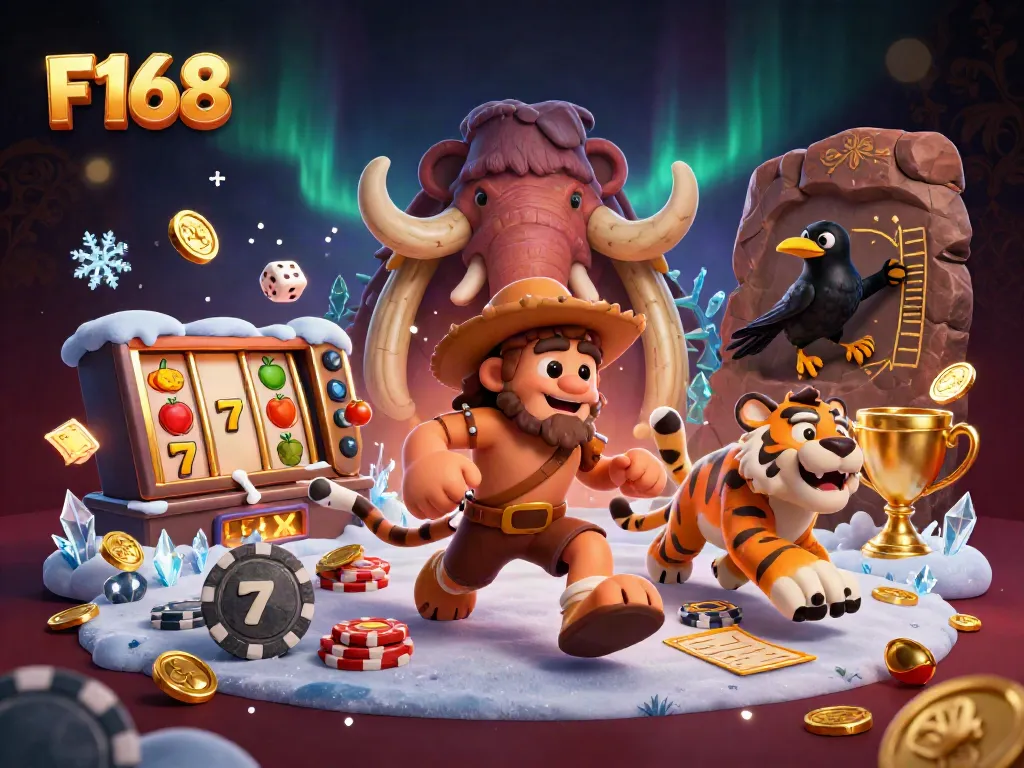 Experience F168's vibrant casino atmosphere with a prehistoric twist, featuring characters and thrilling gaming elements.