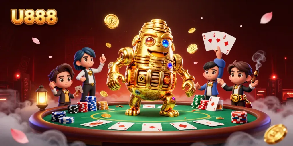 Experience the thrill of U888 with a golden golem amidst poker chips and vibrant casino elements.