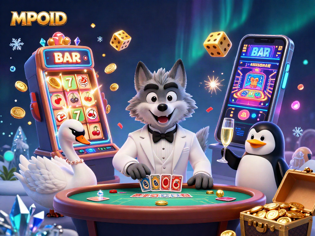 Play with MPOID at an exciting casino scene featuring lavish characters and vibrant game elements.