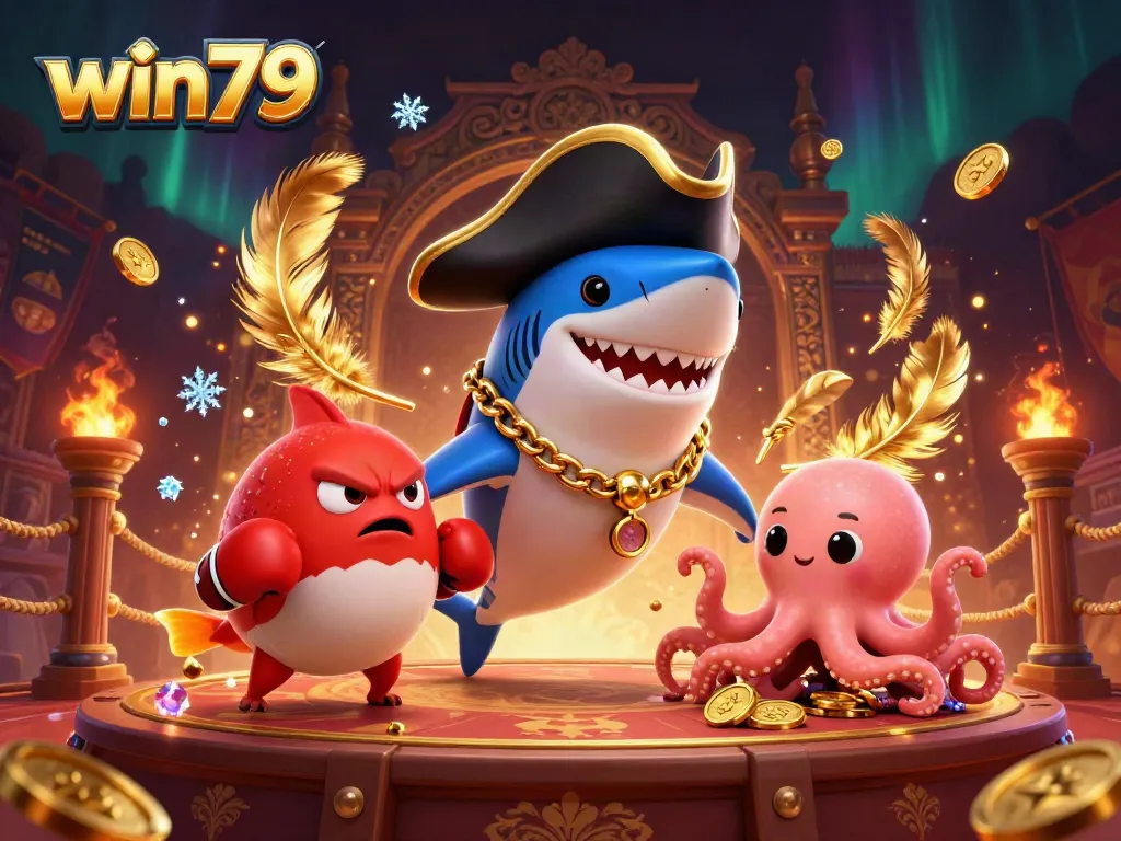 Engaging scene with win79 characters: pirate shark, pufferfish, and octopus in a vibrant casino setting