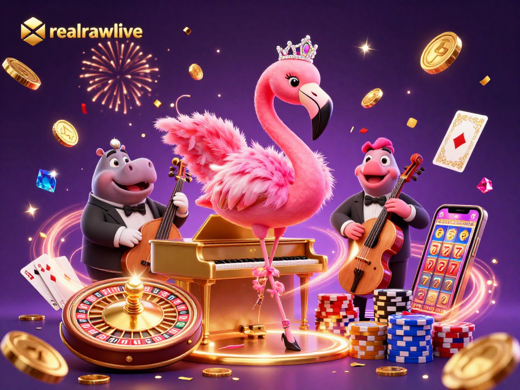 Join the lively casino scene with realrawlive featuring a flamingo singer and hippo bassist, celebrating big wins!