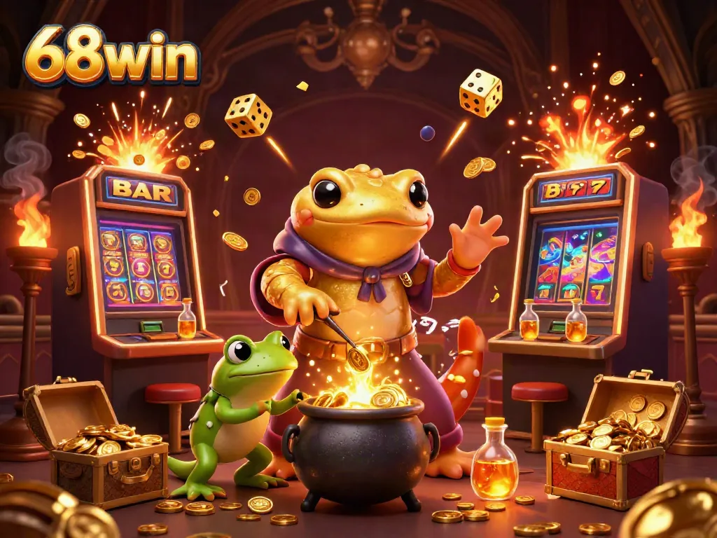Experience excitement at 68win with a vibrant 3D illustration of gold coins and casino games bursting into action.