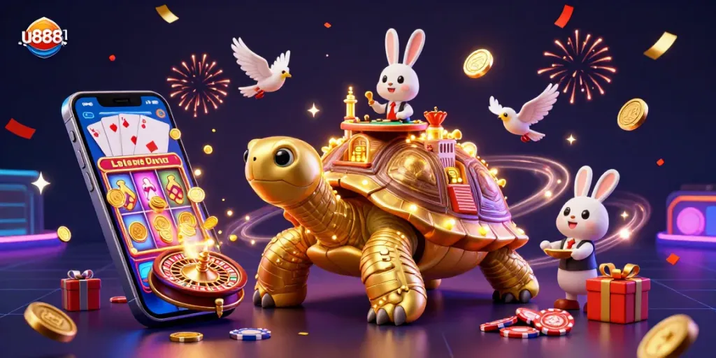 Spin and win big at a captivating u888 casino scene with a golden tortoise, rabbit dealer, and vibrant games.
