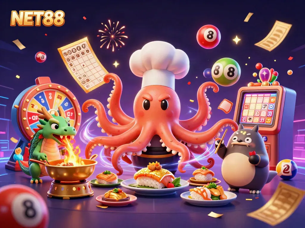 Experience NET88's exciting world with a sushi chef octopus and a dragon in a vibrant gaming scene.