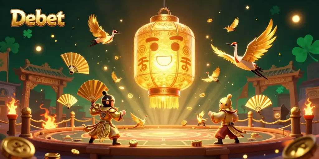 Experience thrilling wins at Debet with a vibrant 3D illustration showcasing a golden lantern spirit surrounded by dynamic casino elements.