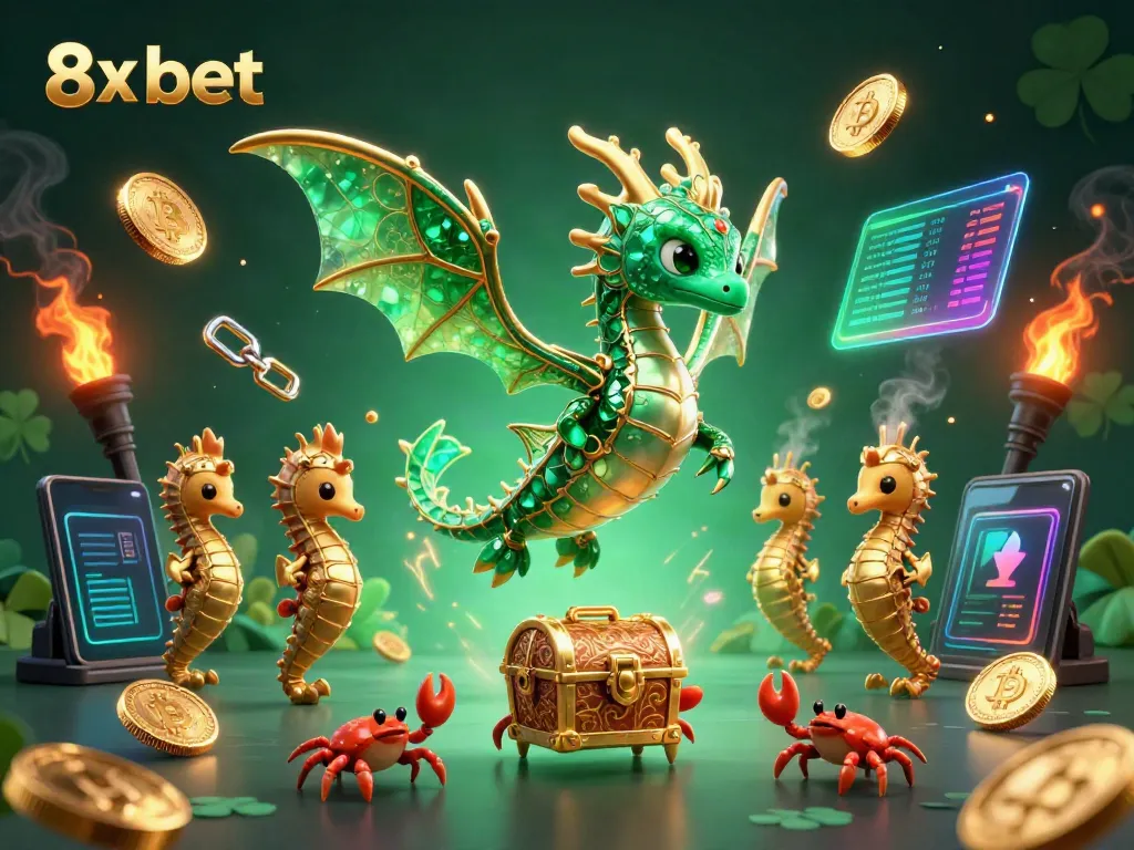 Experience seamless gaming with 8x bet in this vibrant 3D casino illustration highlighting crypto elements.