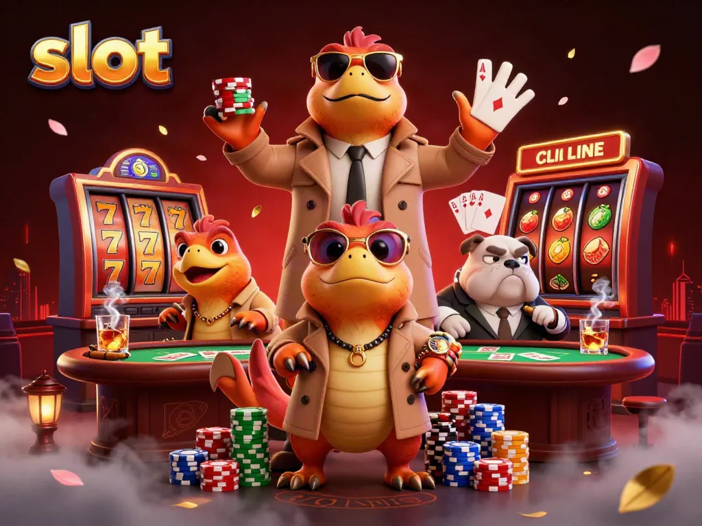 Slot machines with raptors in trench coats trying to sneak into a casino VIP lounge