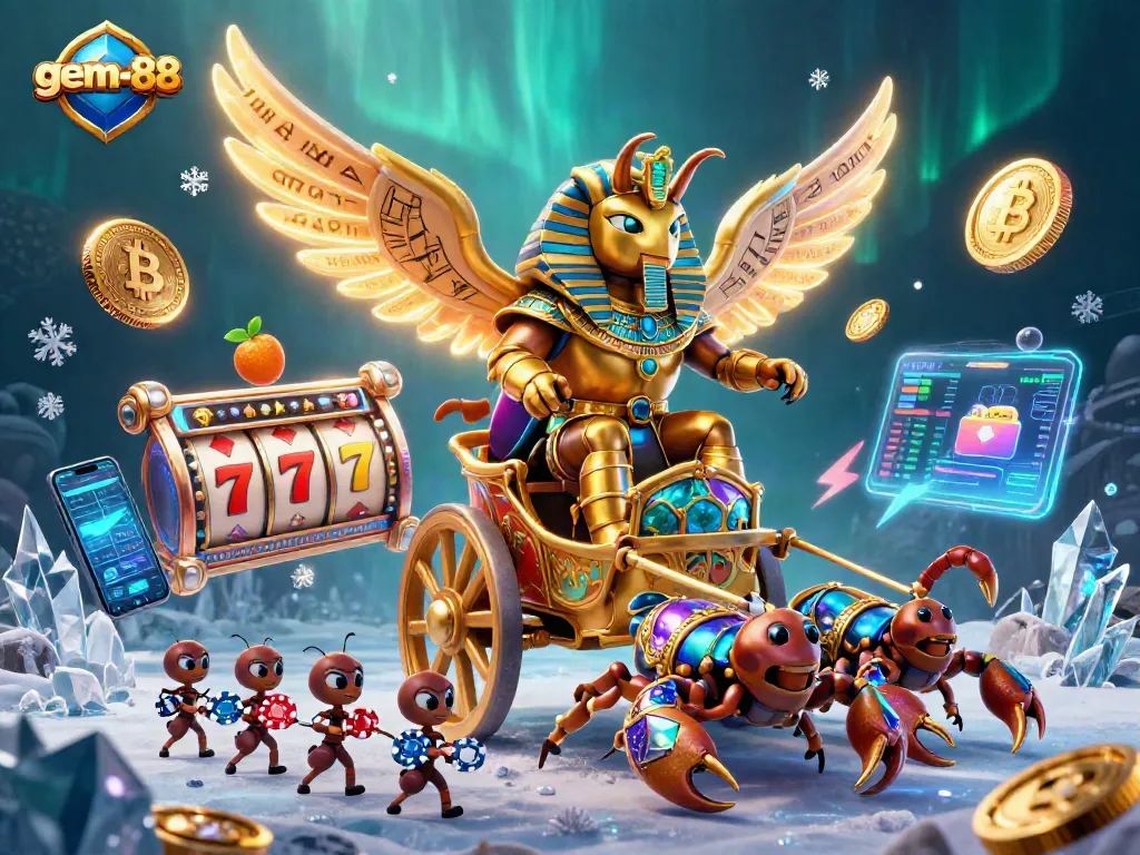 Experience thrilling wins with gem-88 as the golden beetle and scorpion ride amid slot reels and shimmering coins.