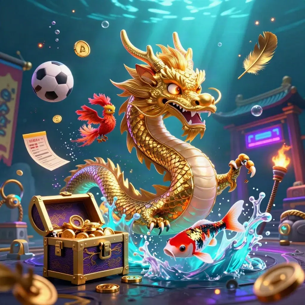 Golden dragon with phoenix and koi amid flying sports balls, coins, and neon underwater glow.