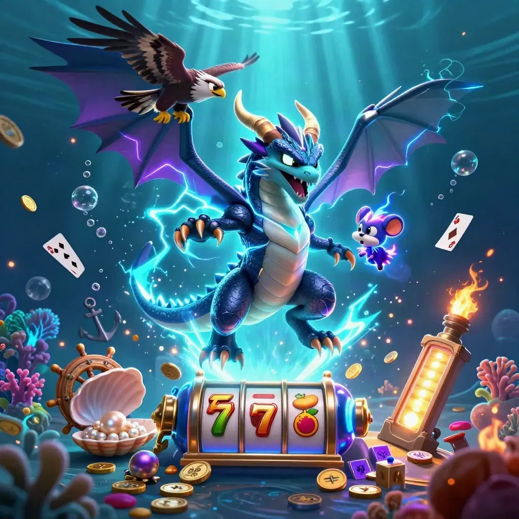 Thunder dragon, wind hawk, and static mouse amid underwater treasure and neon casino glow