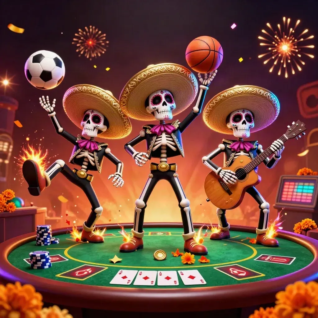 Skeleton mariachi trio amid poker chips, soccer ball, and neon casino sparks.