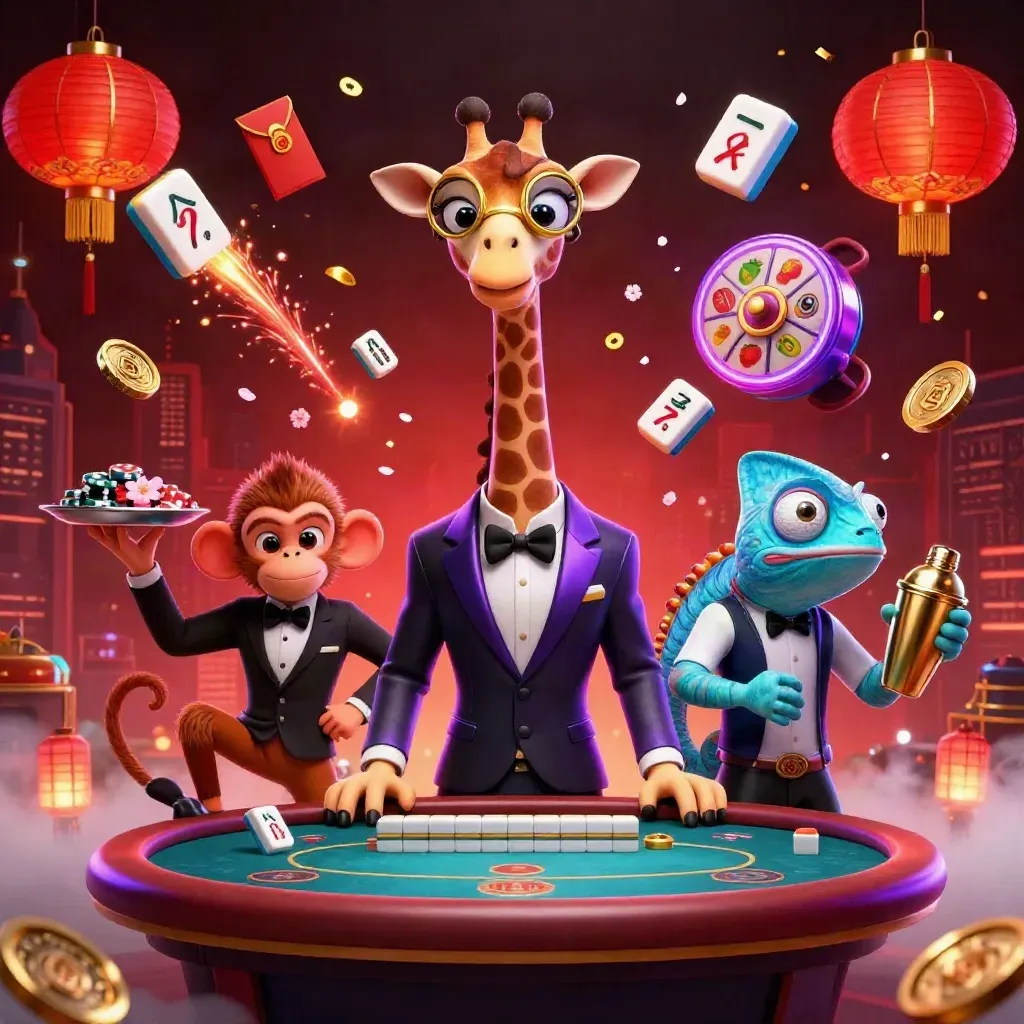 Glamorous giraffe, monkey valet, and chameleon bartender amid neon casino effects
