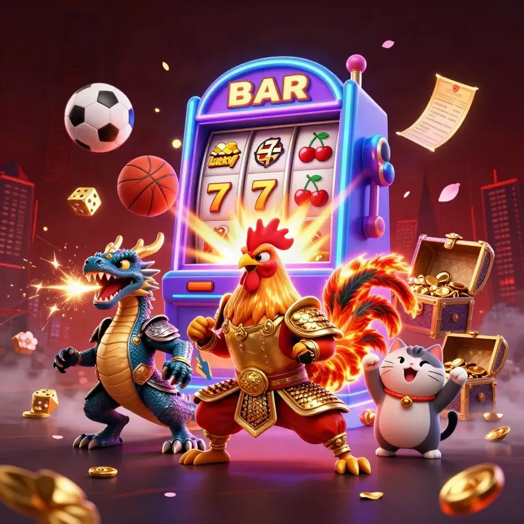 Rooster warrior, dragon hatchling, and fortune-cat amid exploding casino symbols and flying sports balls.