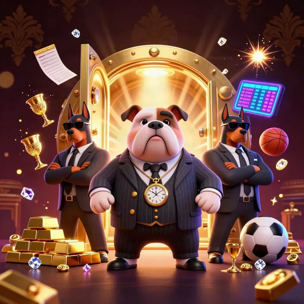 Mafia bulldog and Dobermans amid exploding vault gold, neon casino glamour.