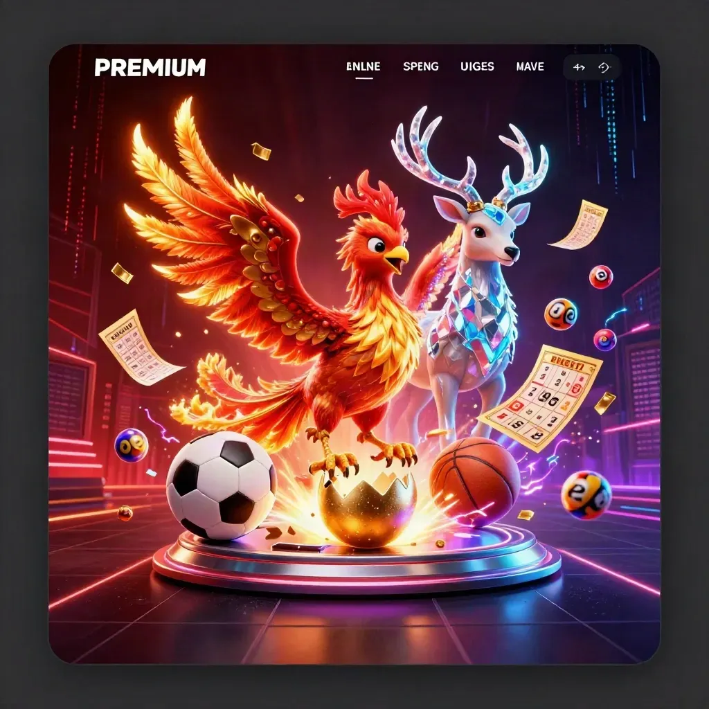 Phoenix, stag and baby phoenix amid casino sports icons, neon casino splash art.