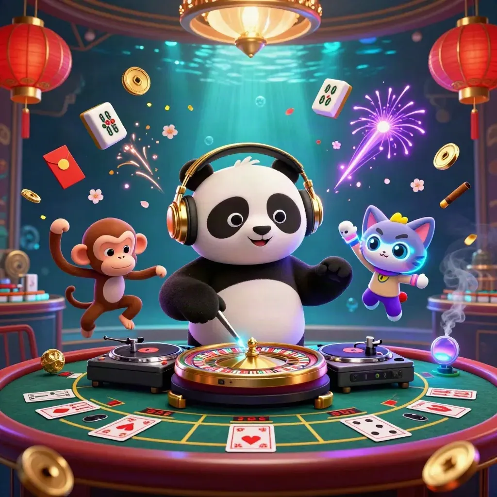 DJ panda, monkey and glow-stick kitten in a neon casino splash scene with roulette and lanterns