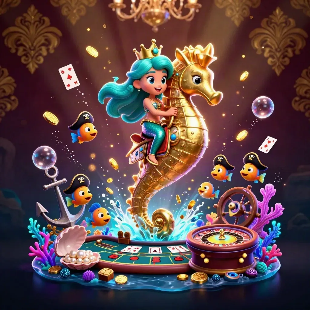 Mermaid princess on a gold seahorse in an underwater casino treasure cove with glowing lights.