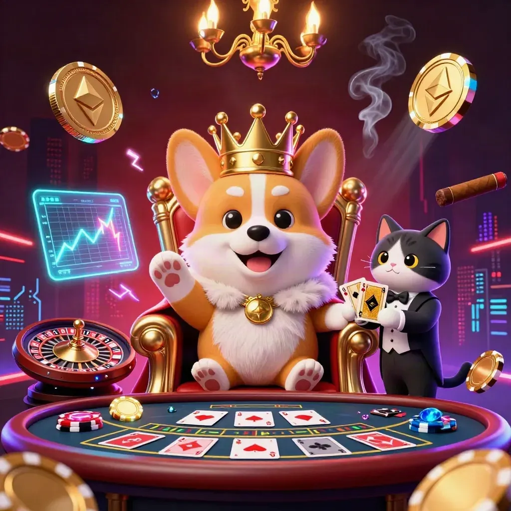 Royal corgi and cat butler in a neon casino room with floating coins, cards, and electric effects