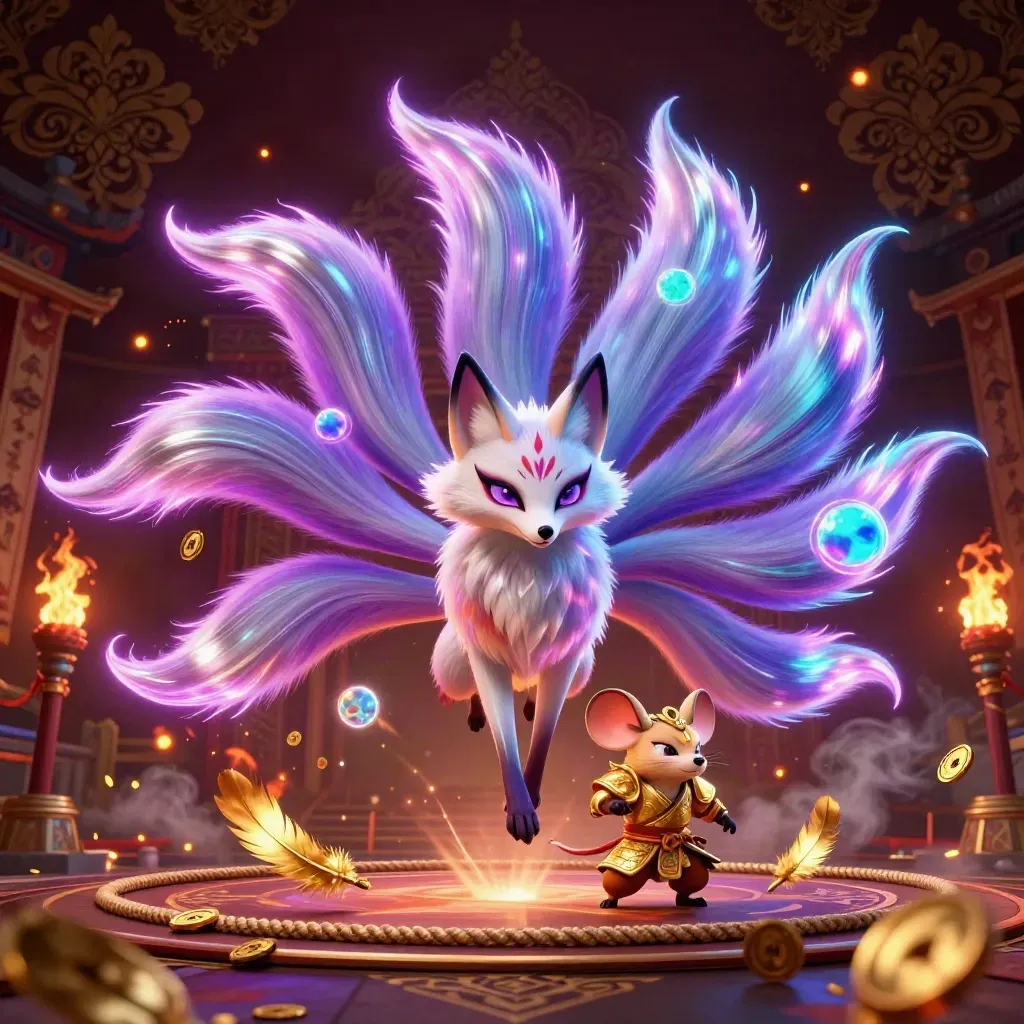 Neon fox spirit and armored samurai mouse in a fiery temple casino splash scene.