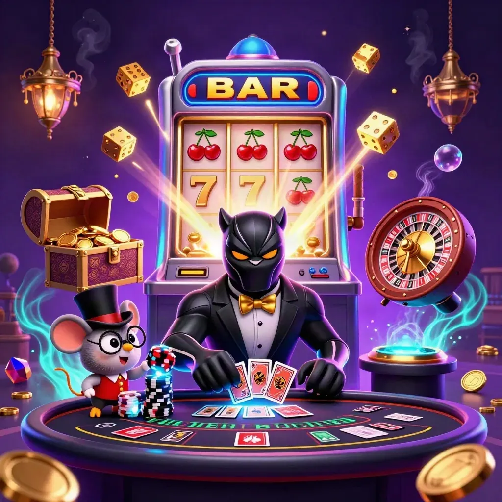 Panther, owl, and mouse amid a bursting slot machine in a neon casino room.