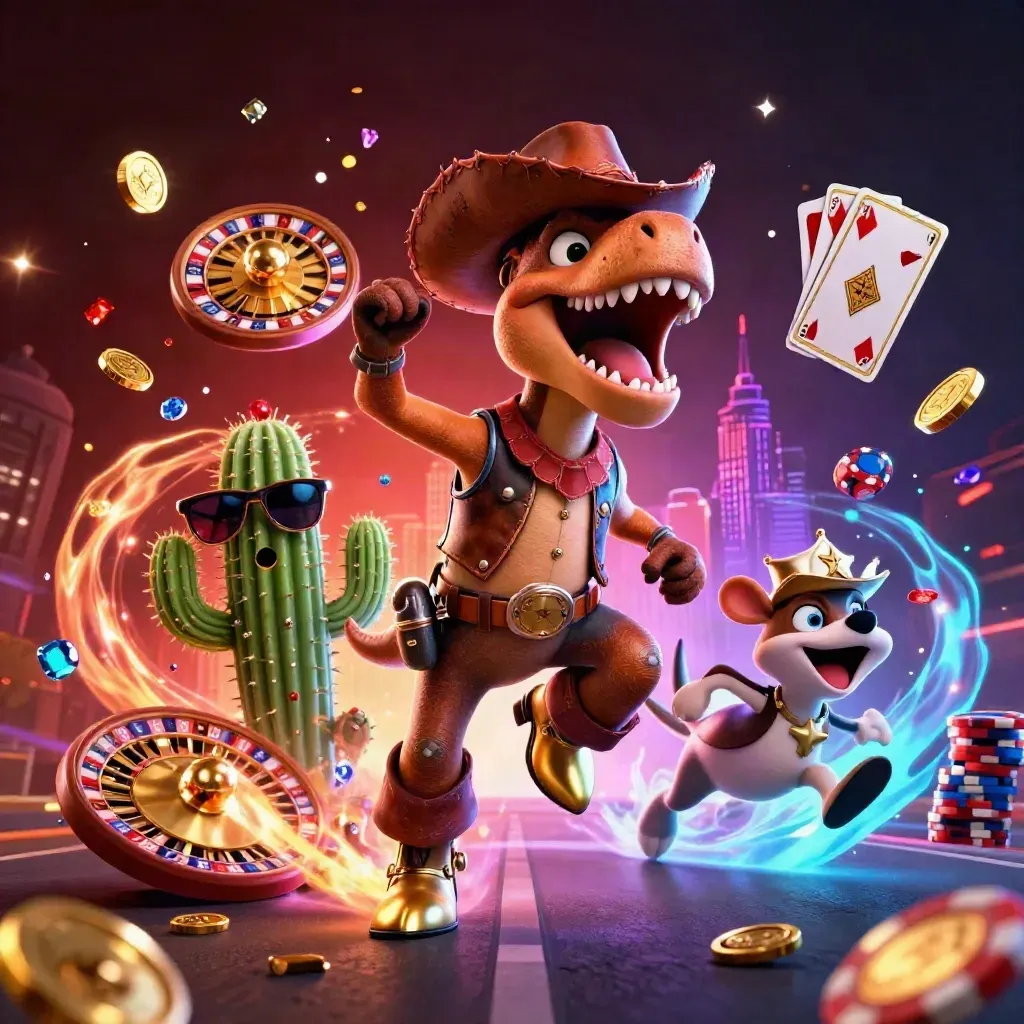 Cowboy T-Rex, cactus sidekick, and roadrunner amid coins, gems, chips, and casino energy
