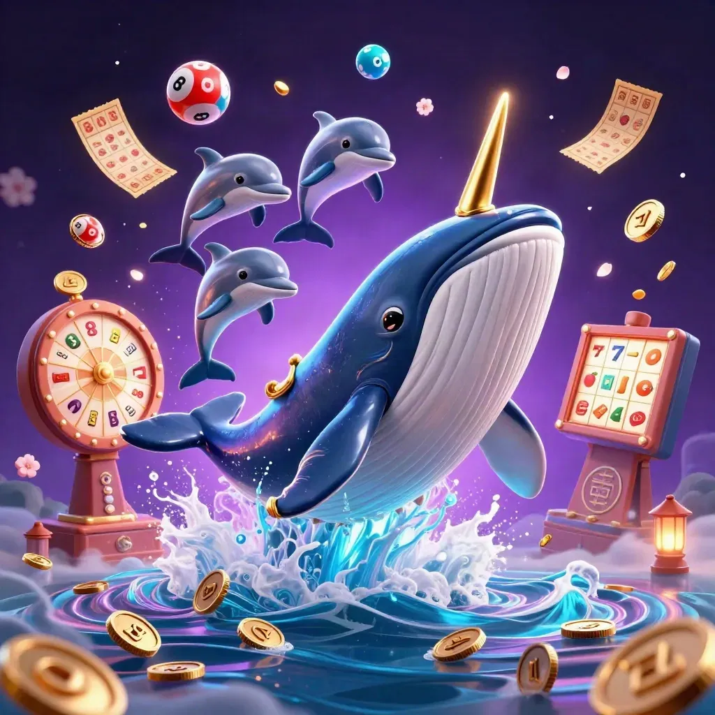 Whale captain, narwhal, and dolphins bursting through coins amid neon casino magic