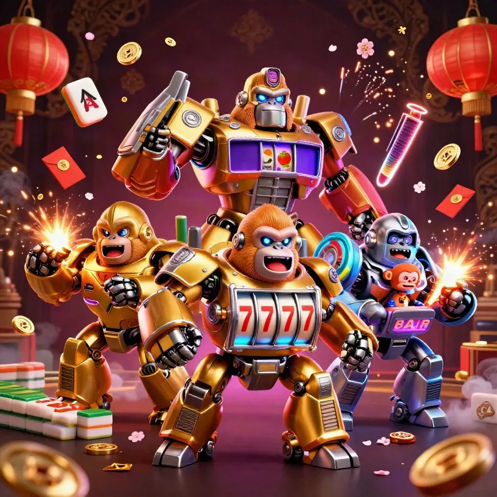 Golden gorilla mech with tiny pilot bursts treasure amid lanterns, jade coins, and casino reels.