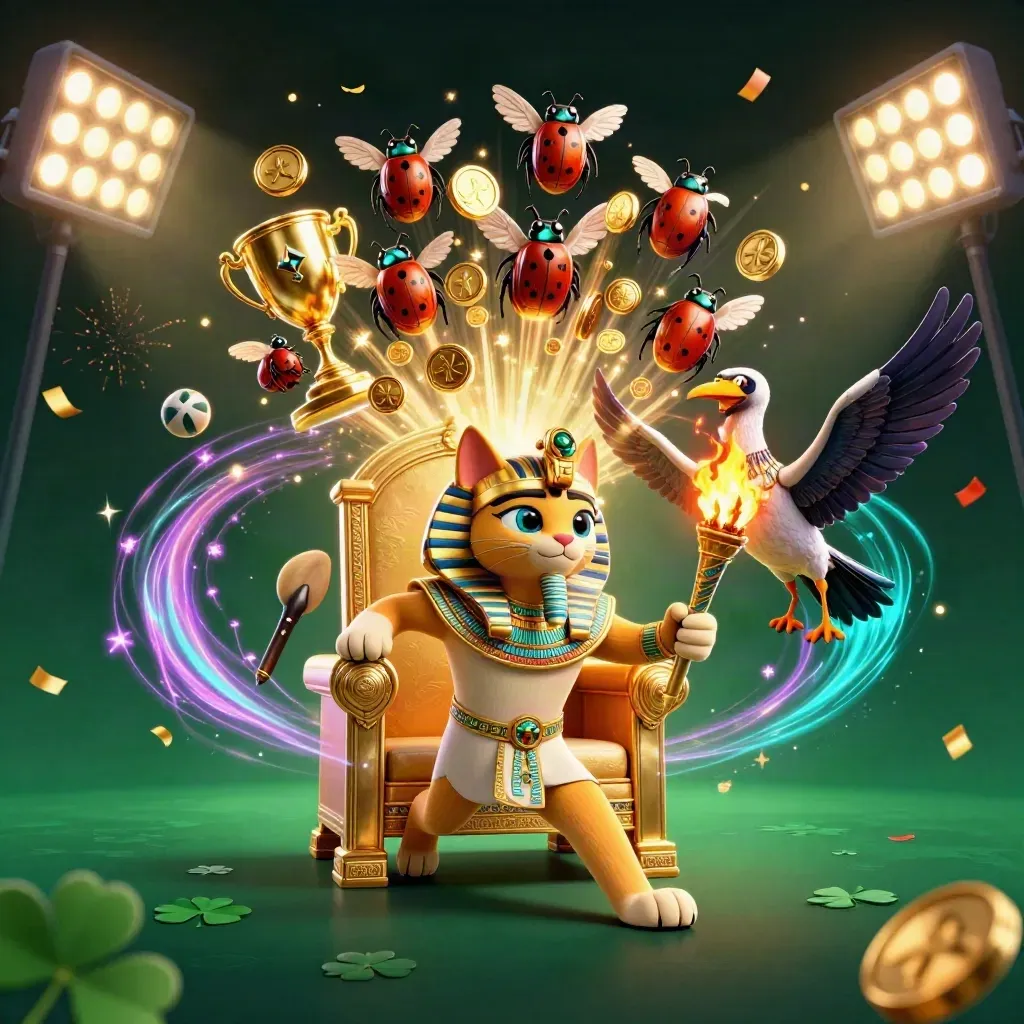 Pharaoh cat, ibis scribe, and gem scarabs amid coins, balls, trophies, and neon casino energy.