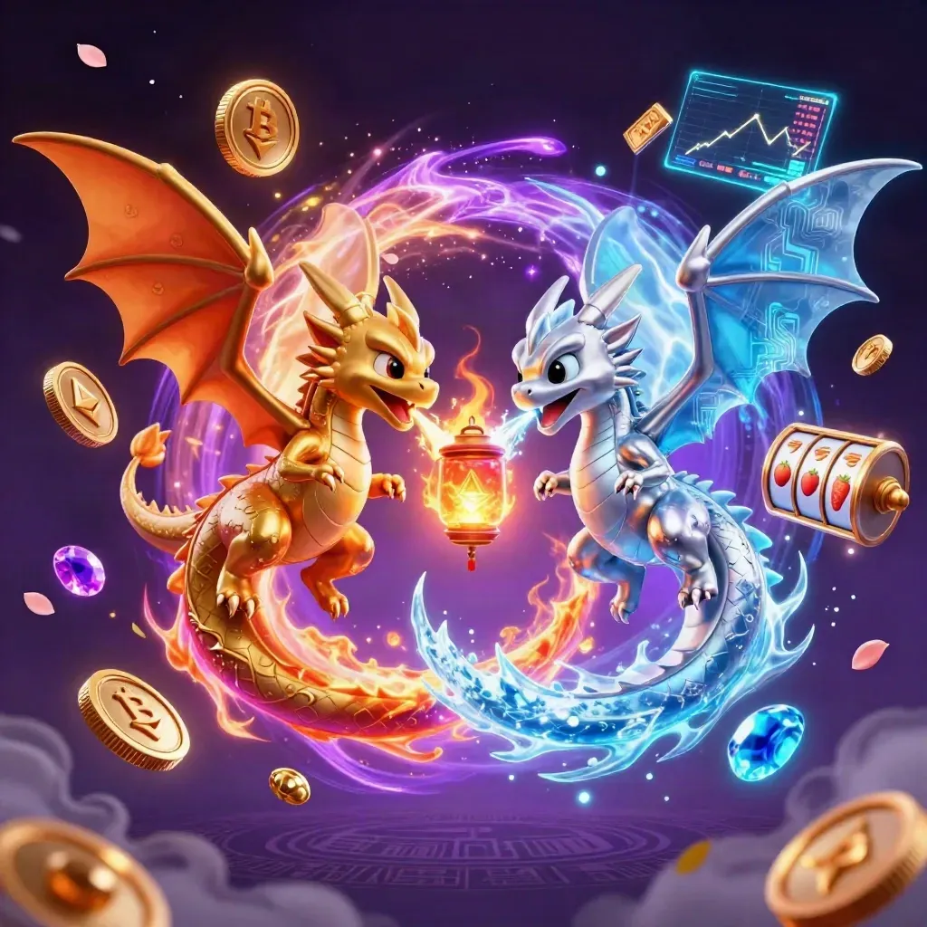 Twin gold and silver dragons with yin-yang fire and ice, neon coins, lightning, purple cosmic glow