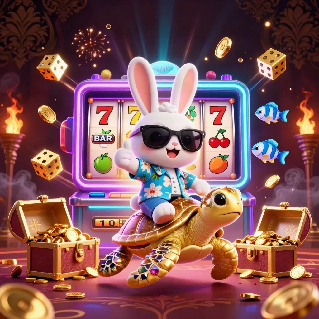 Lucky rabbit rides a golden turtle as jackpots, coins, and slot symbols explode in neon casino glory.