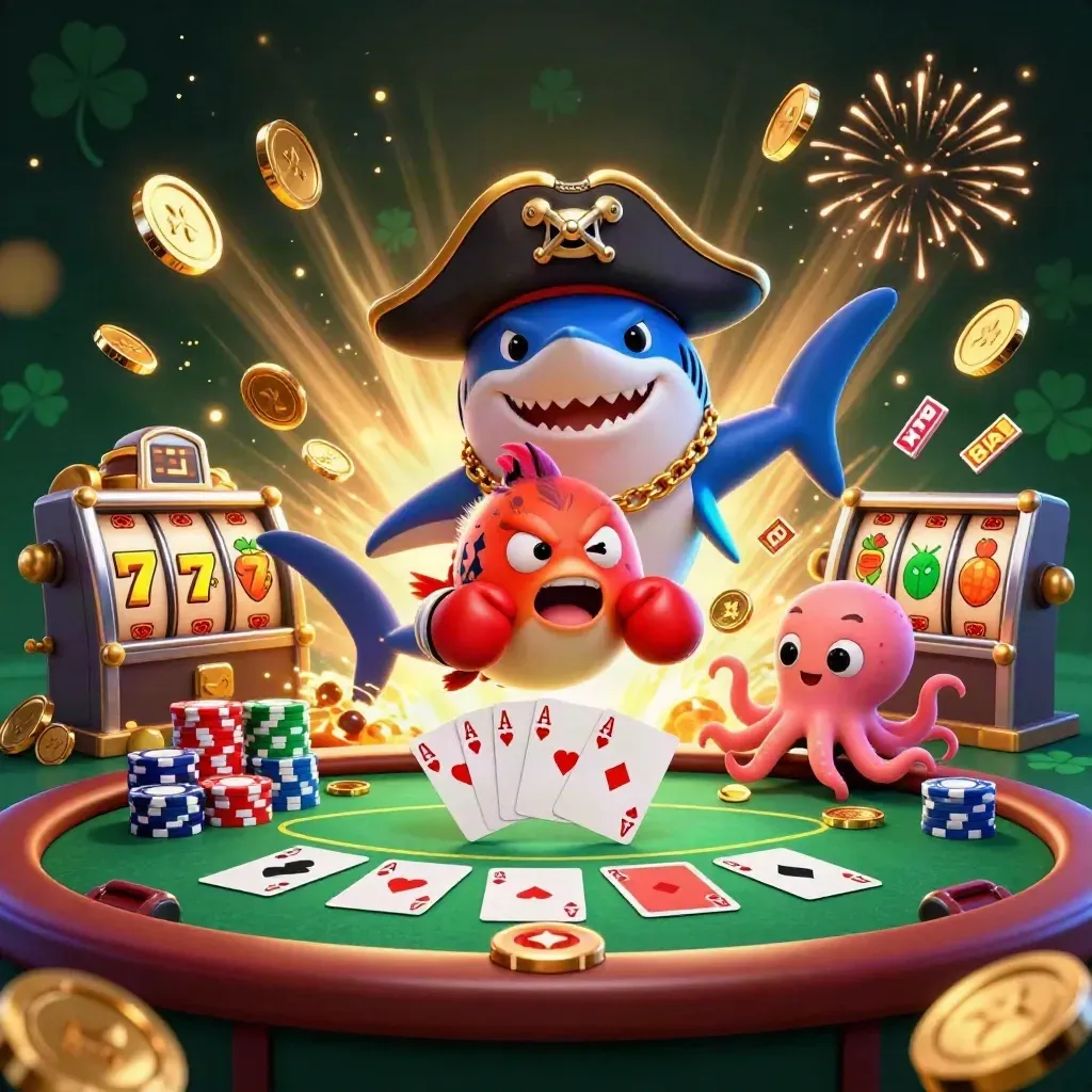Shark pirate, boxing pufferfish, and juggling octopus amid casino treasure and fireworks.