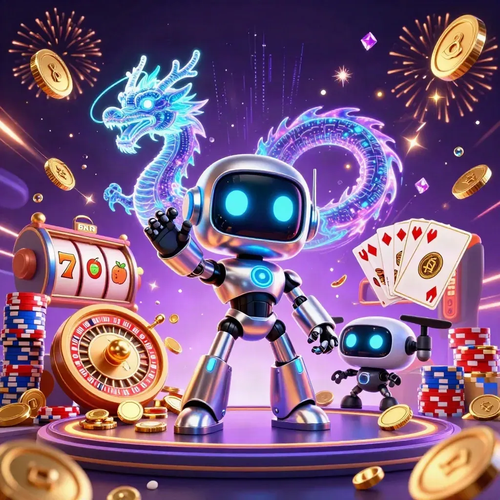 Cyberpunk robot, holographic dragon, and coin drone amid vault-burst coins, roulette, chips, and fireworks.