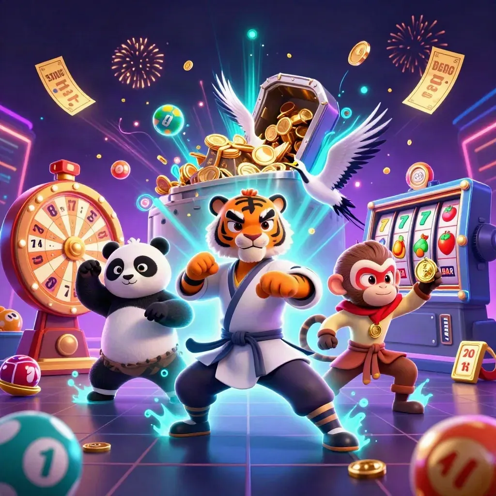 Tiger, panda, and monkey celebrate amid coins, fireworks, reels, and jackpot effects in neon casino style.