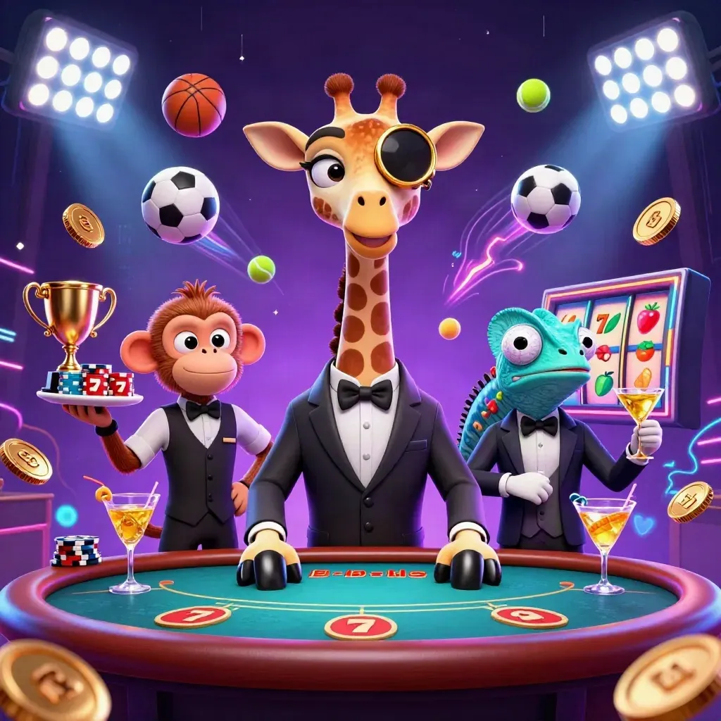 Neon casino key art with giraffe, monkey valet, and chameleon bartender amid slots and glowing game effects.