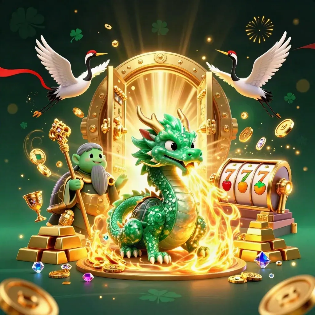 Emerald dragon, turtle sage, and cranes burst from a vault with gold, reels, and cyan-violet glow