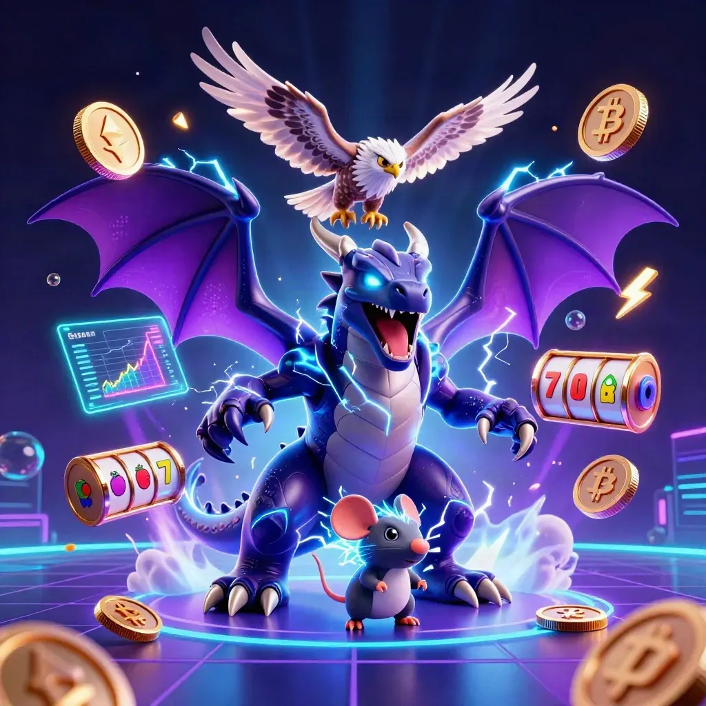 Thunder dragon, hawk, and mouse in a neon casino splash with coins, reels, and lightning.