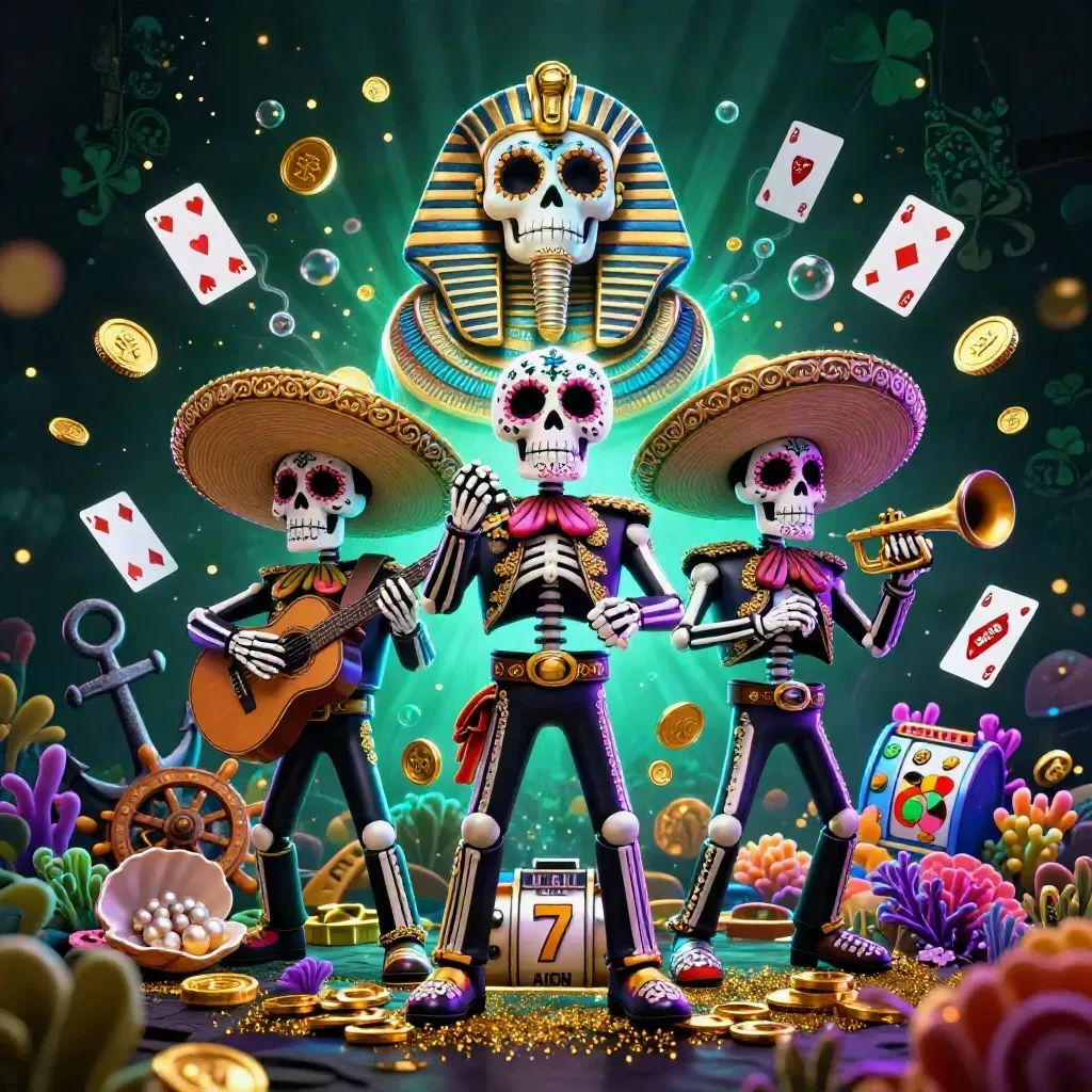 Three skeleton mariachi heroes amid treasure, slots, and glowing underwater casino effects.