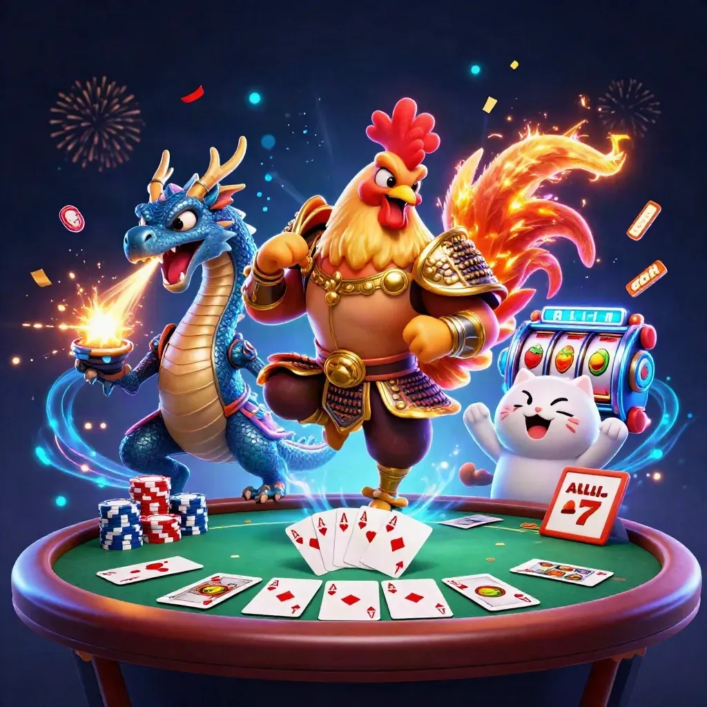 Rooster samurai, dragon hatchling, and fortune-cat amid casino chips, cards, reels, and cyan sparks.