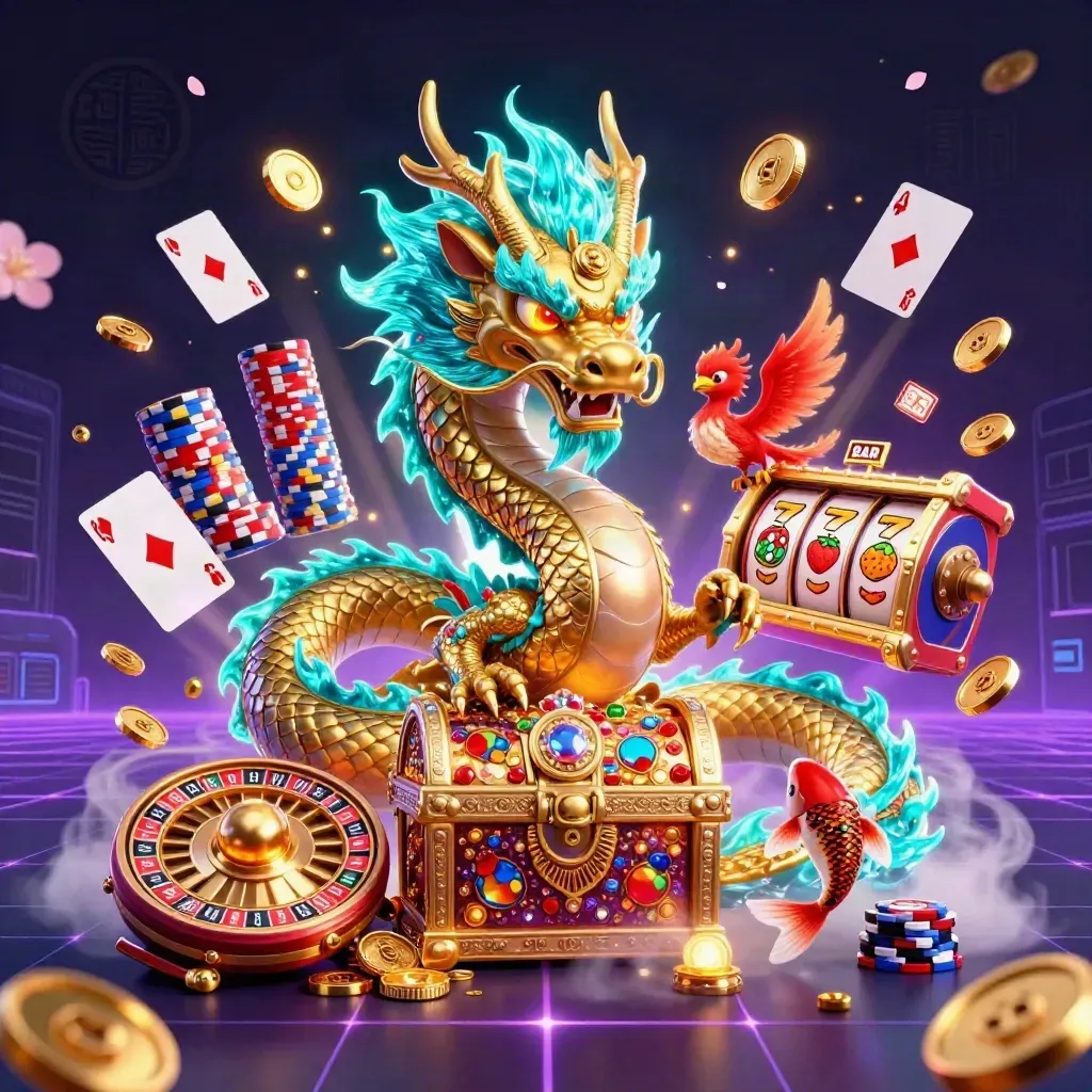Golden dragon, phoenix, koi and casino icons exploding in cyan plasma glow.