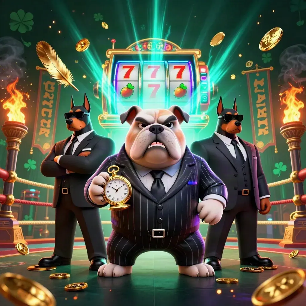 Mafia bulldog and Doberman bodyguards in neon casino fire, coins, reels, and temple gate.