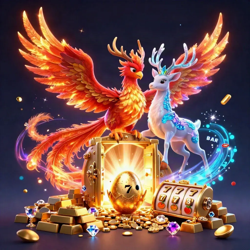 Phoenix, hatchling, and crystal stag amid vault gold, sparks, and neon casino glow.