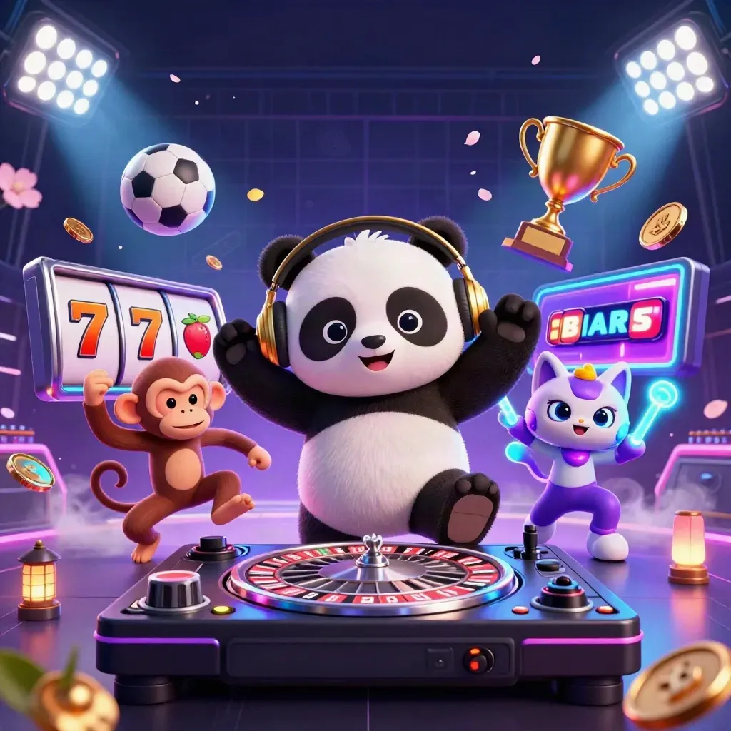 DJ panda, dancing monkey, and glow-stick kitten with neon casino loot and effects.