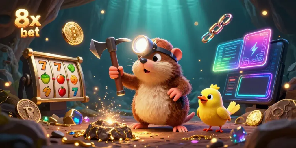 Join the treasure hunter mole on an exciting mining adventure at 8x bet, surrounded by vibrant casino themes.