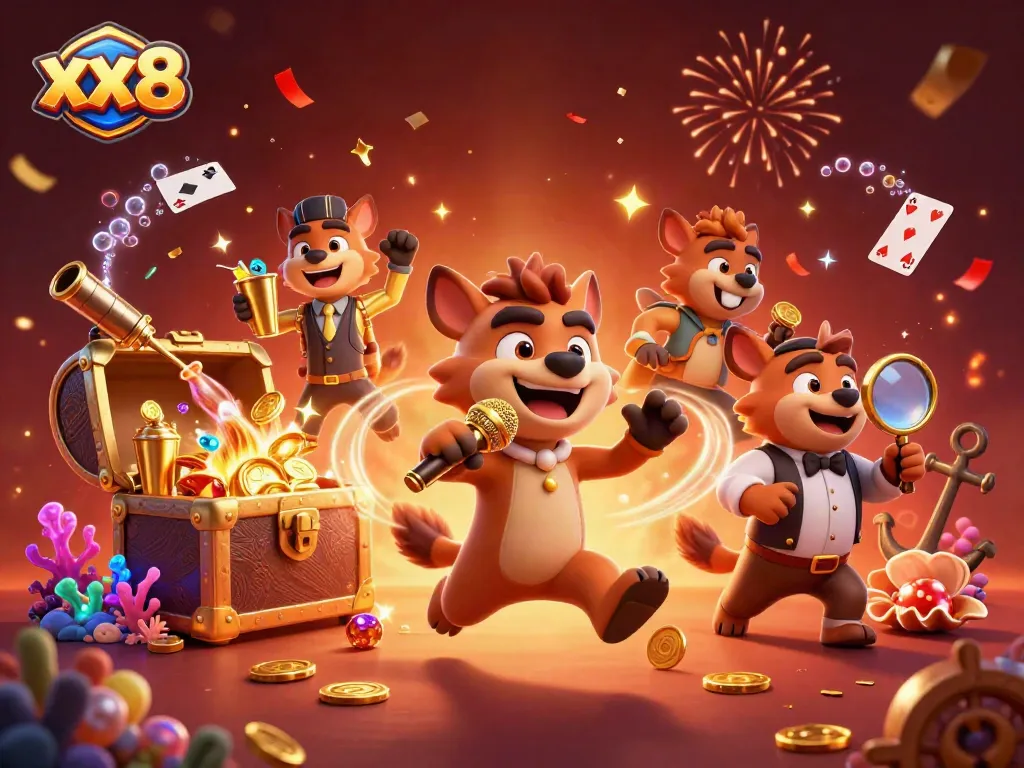 Experience the excitement of xx8 casino with hyena characters indulging in gaming fun.