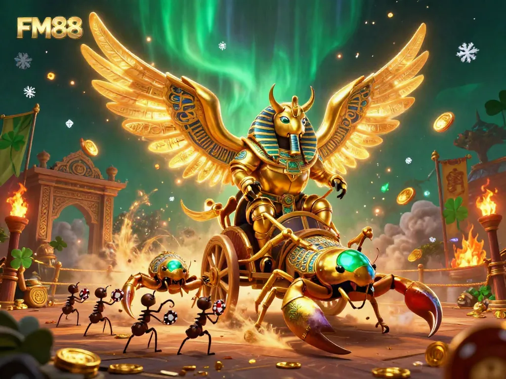 Experience the excitement of FM88 with a dynamic 3D scene featuring a golden scarab beetle and jewel-encrusted scorpions.