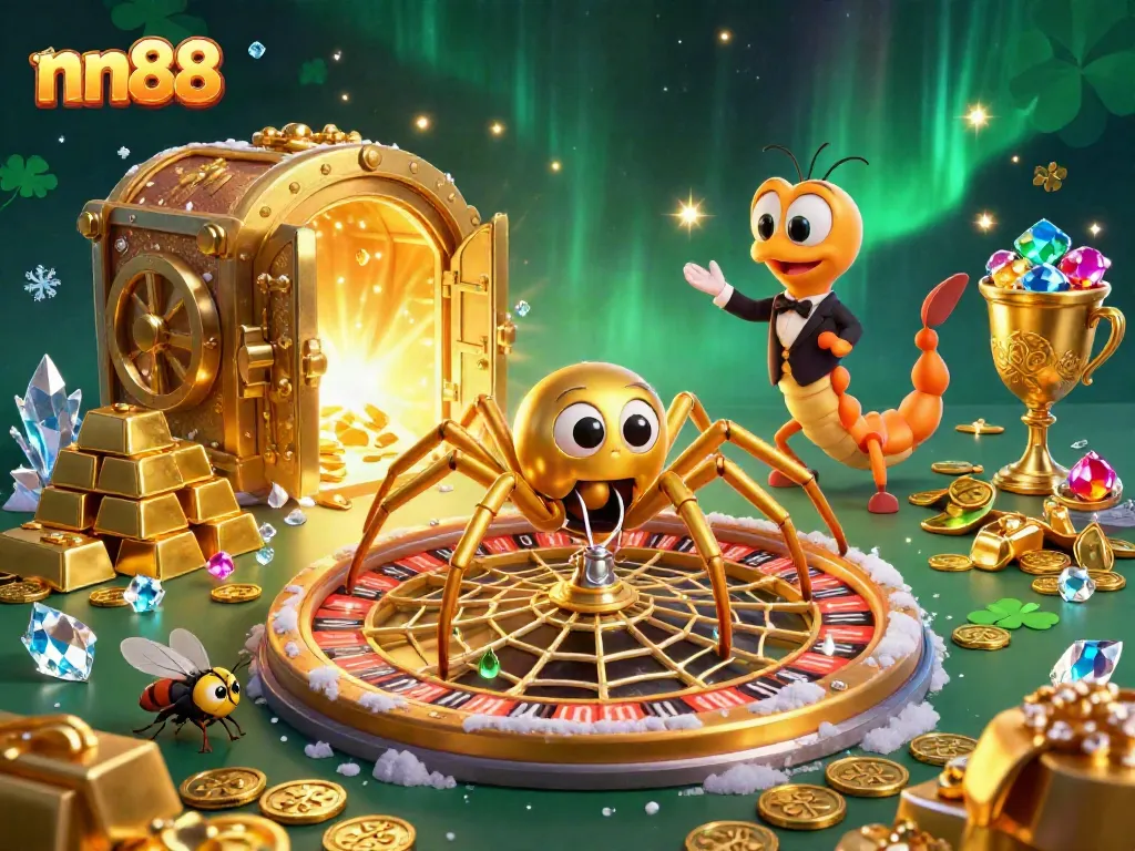 Experience thrilling bets at nn88 with a cartoon spider spinning a golden roulette wheel surrounded by treasures.