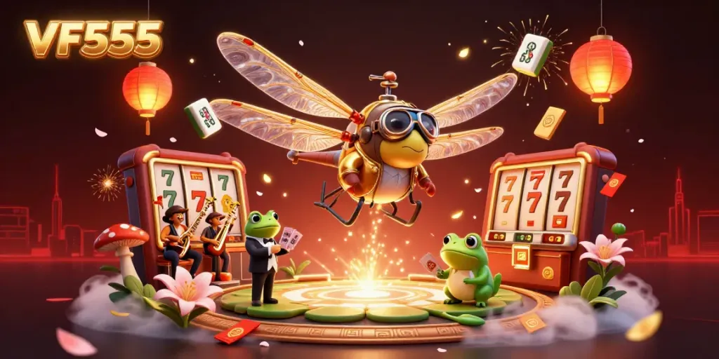 Experience the excitement of gambling at VF555 with a vibrant dragonfly pilot and frog croupier in a lively casino.
